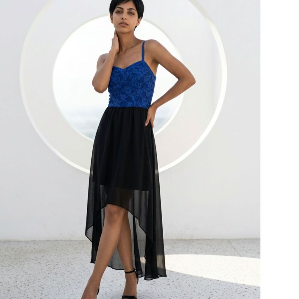 As U Wish Blue & Black High Low Simi Formal Dress with Lace upper & sheer skirt